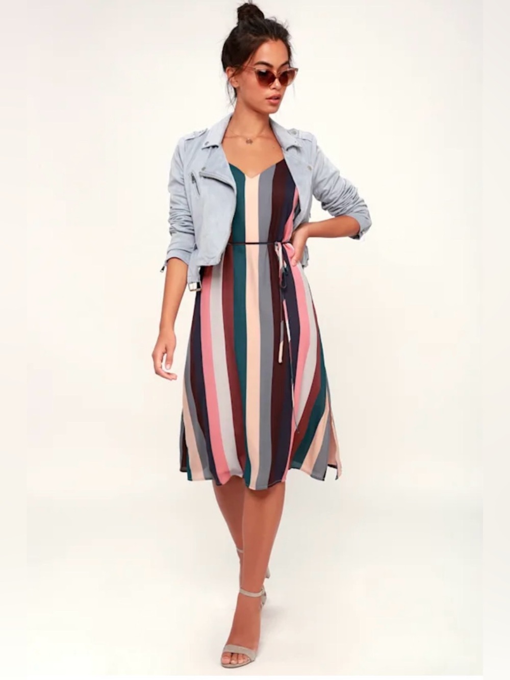 Lulu’s Erina Mauve Multi Stripe Belted Midi Slip Dress